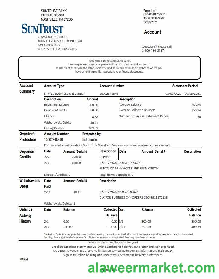 USA Georgia SunTrust bank statement template in Excel and PDF format